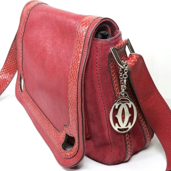 Cartier Marcello Oxblood Suede Snakeskin Python Saddle Shoulder Bag Messenger - Picture 4 of 12